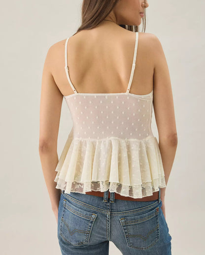 White Flyaway Ruffle Lace‑Trim Babydoll Mesh Cami Top