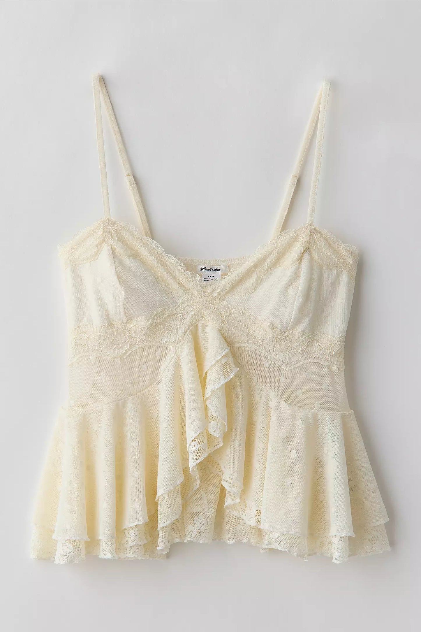 White Flyaway Ruffle Lace‑Trim Babydoll Mesh Cami Top