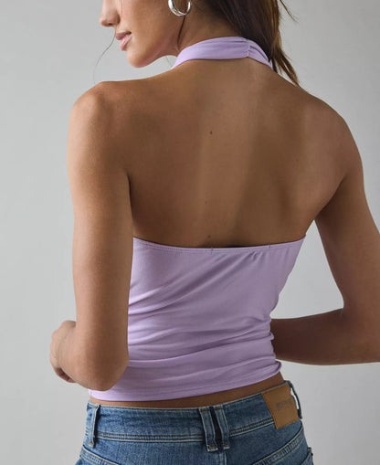 Lavender Cowl Neck Open‑Back Cropped Halter Top