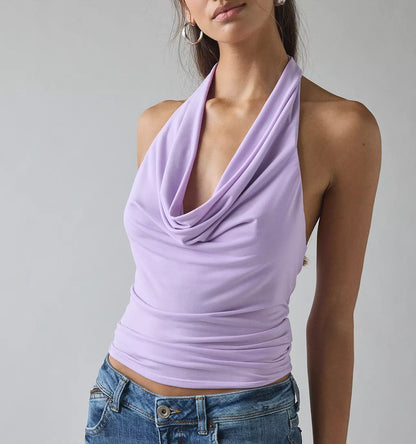 Lavender Cowl Neck Open‑Back Cropped Halter Top