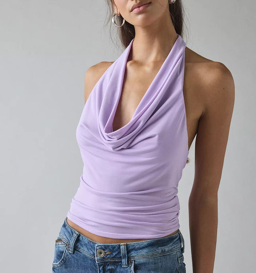 Lavender Cowl Neck Open‑Back Cropped Halter Top
