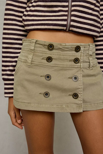 Olive Double‑Breasted Button‑Front Low‑Rise Canvas Mini Skort