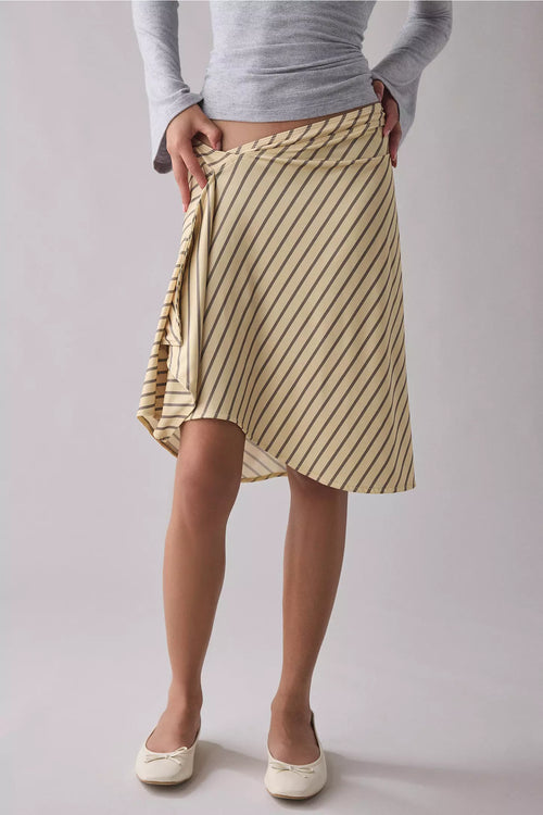 Yellow Stripe Low‑Rise Asymmetric Ruffle Hanky‑Hem A‑Line Knee‑Length Skirt