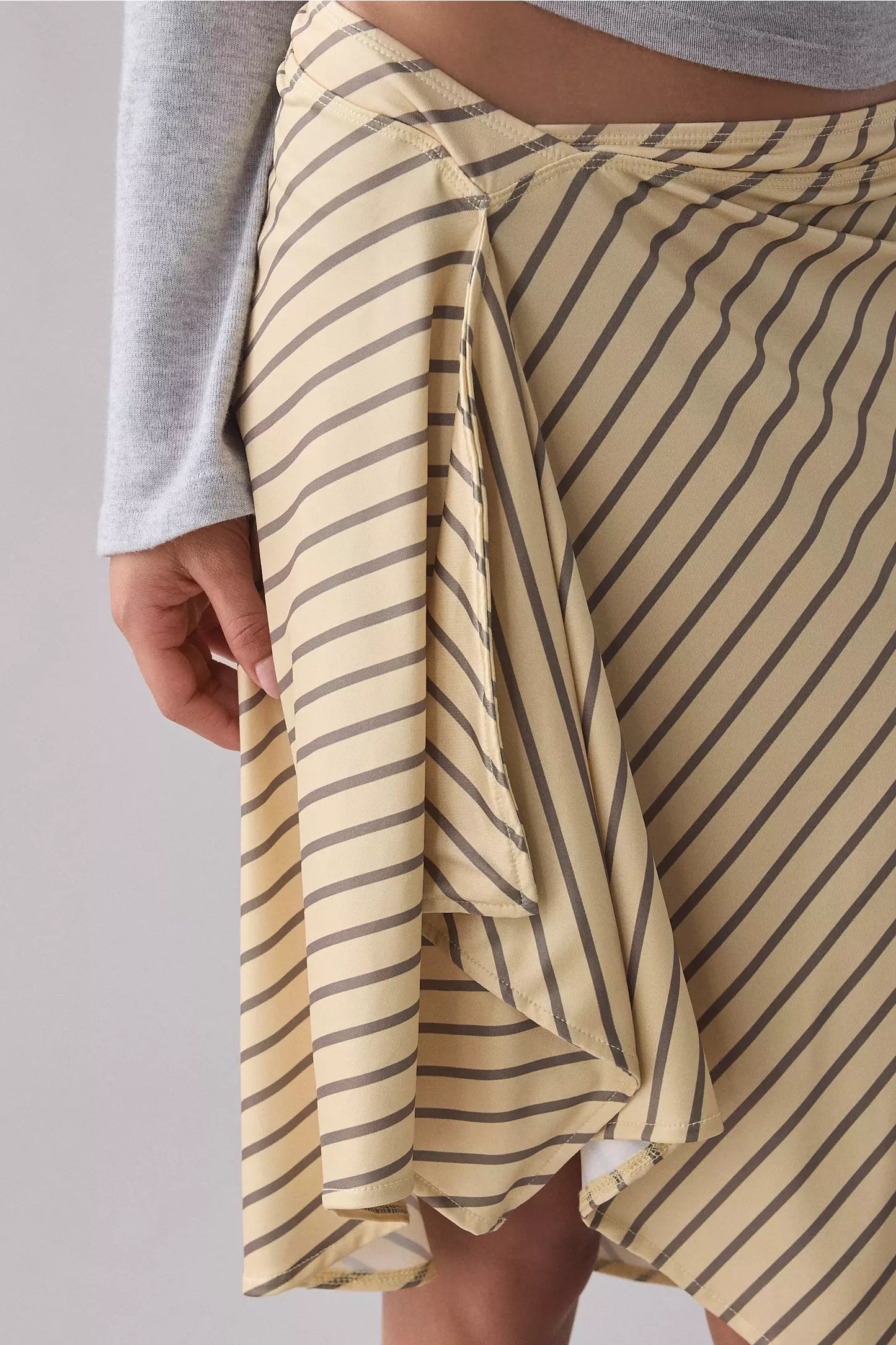 Yellow Stripe Low‑Rise Asymmetric Ruffle Hanky‑Hem A‑Line Knee‑Length Skirt