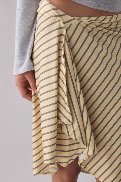 Yellow Stripe Low‑Rise Asymmetric Ruffle Hanky‑Hem A‑Line Knee‑Length Skirt
