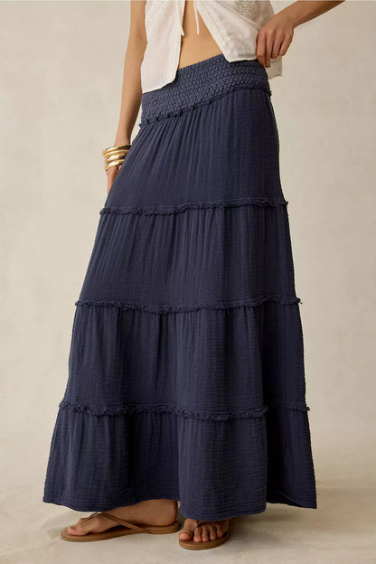 Navy Smocked Waist Ruffle‑Tiered Flowy A‑Line Maxi Skirt