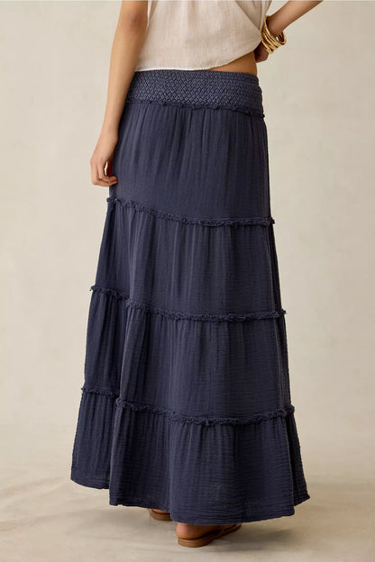 Navy Smocked Waist Ruffle‑Tiered Flowy A‑Line Maxi Skirt