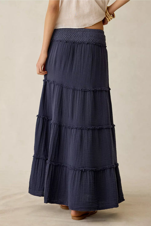 Navy Smocked Waist Ruffle‑Tiered Flowy A‑Line Maxi Skirt