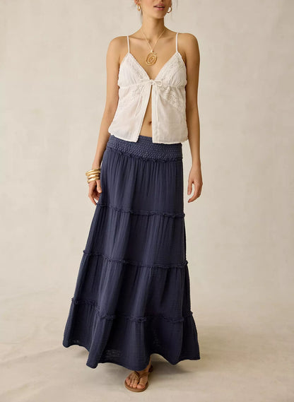 Navy Smocked Waist Ruffle‑Tiered Flowy A‑Line Maxi Skirt
