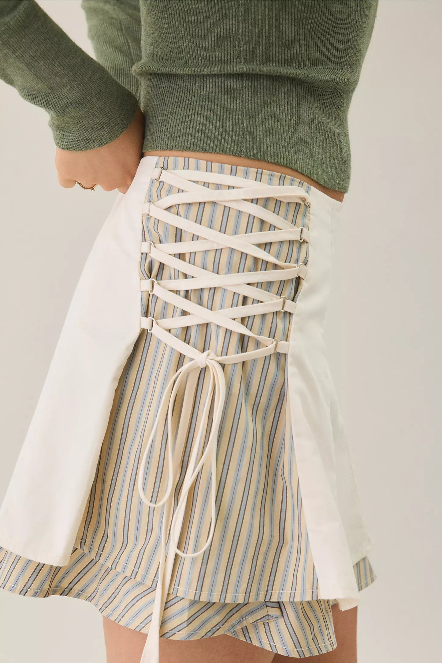 Cream Layered Side‑Corset Lace‑Up Striped Peek‑A‑Boo A‑Line Mini Skirt