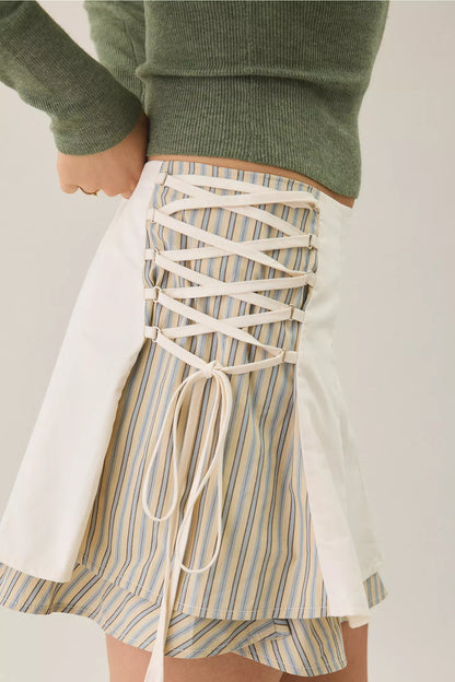 Cream Layered Side‑Corset Lace‑Up Striped Peek‑A‑Boo A‑Line Mini Skirt