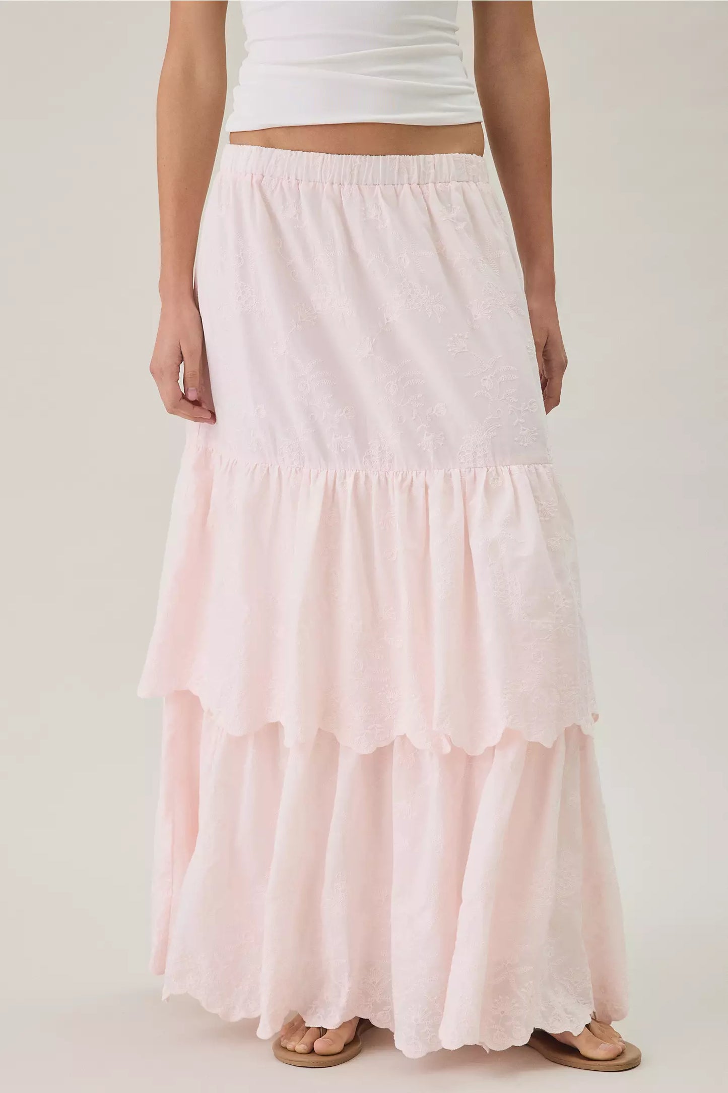 Pink Floral Embroidered Tiered Scalloped‑Hem A‑Line Maxi Skirt