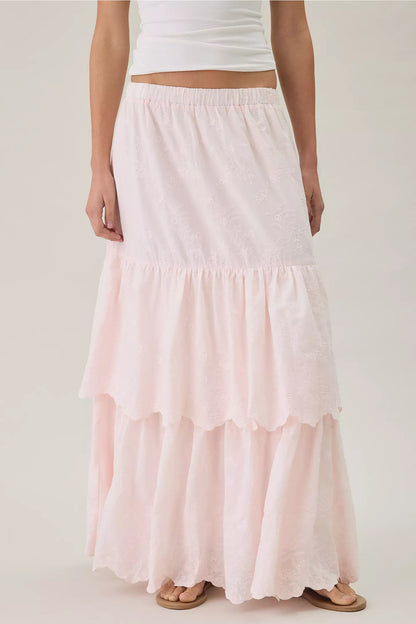 Pink Floral Embroidered Tiered Scalloped‑Hem A‑Line Maxi Skirt
