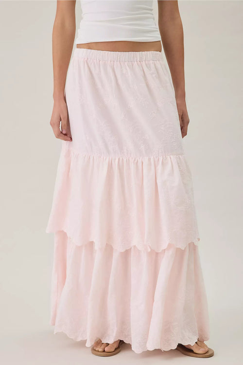 Pink Floral Embroidered Tiered Scalloped‑Hem A‑Line Maxi Skirt
