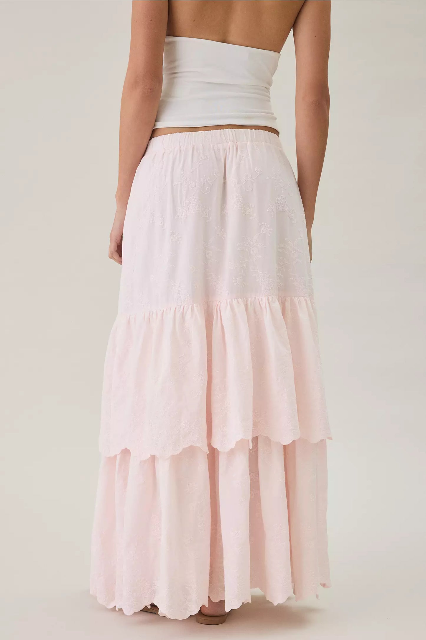 Pink Floral Embroidered Tiered Scalloped‑Hem A‑Line Maxi Skirt