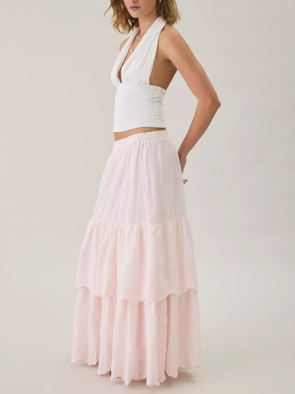 Pink Floral Embroidered Tiered Scalloped‑Hem A‑Line Maxi Skirt